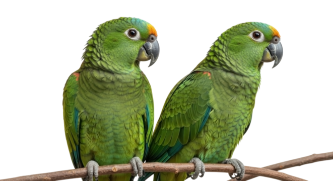 Two vibrant green amazon parrots perched closely together on a branch isolated on transparent background