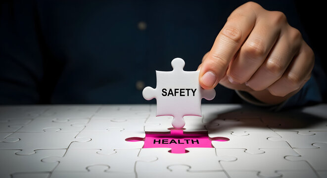 Completing safety & health puzzle for workplace. Close up. Business concept of well-being