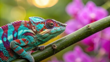 Vibrant chameleon with striking blue and red patterns perched on a tree branch with soft pink flowers