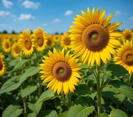 Fototapeta premium Vibrant Sunflowers in a Lush Green Field Under Blue Sky