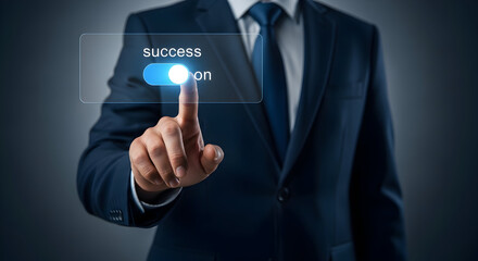 Obraz premium Businessman turns on success button; in office; idea for motivation, ambition, achievement, and business