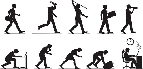 Obraz premium Collection of black human silhouettes depicting various activities and evolution stages