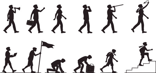 Obraz premium Collection of black human silhouettes in various poses and actions on white background