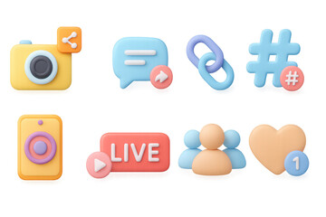 Colorful 3d social media icons set with chat, camera, and hashtag symb