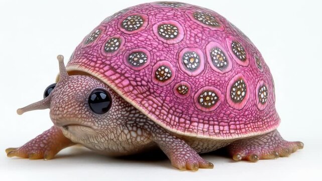 Adorable pink turtle with intricate shell details posing in a series of studio shots