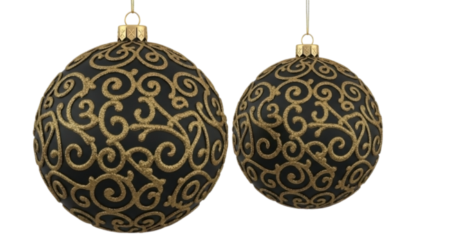 Two ornate oval shaped christmas ornaments with swirling gold patterns hanging isolated on transparent background