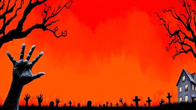 Halloween themed poster with a hand reaching out and a house in the background. The poster has a spooky and eerie mood