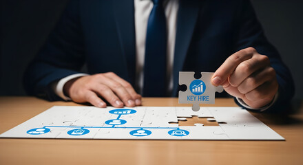 Business Person Placing a Key Hire Puzzle Piece to Build a Job Flow on a desk. Business use