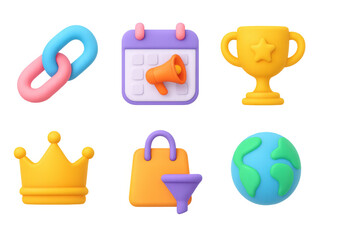 Colorful 3d icons set featuring trophy, calendar, and earth with moder