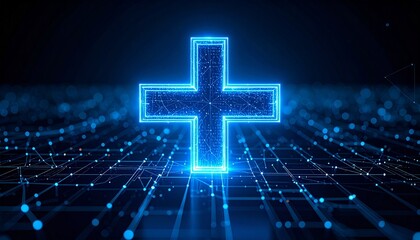 Glowing blue plus symbol composed of pixel-like light particles