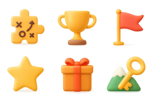 Collection of 3d reward icons with trophy, flag, and key elements