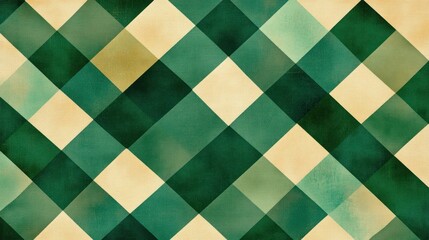 Abstract green and beige diagonal plaid pattern, textured background.