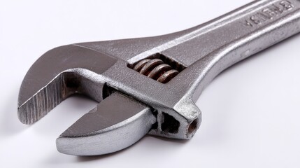 Close-up of adjustable metal wrench showing details of jaws and mechanism