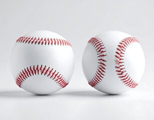 Two white baseballs, side-by-side, against a plain white background.  Stitching is red.  Close-up view