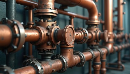 Complex industrial system of intricate copper pipes, valves. Detailed engineering mechanical infrastructure with detailed connections, fittings. Industrial manufacturing factory machinery,
