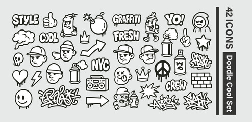 Hand-drawn doodle vector set with cool icons like skulls, smiley faces, lightning bolts, game controller, peace sign, and more. Perfect for t-shirts, stickers, and streetwear graphics illustration
