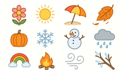 Seasonal icons: sun, umbrella, pumpkin, snowflake, and more illustrated symbols