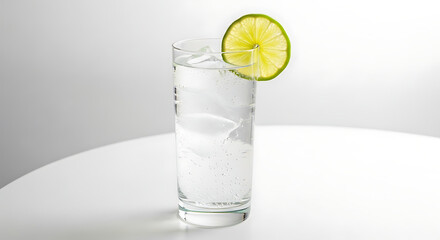 A clear glass filled with ice water and a lime slice on a white surface in a bright studio setting ai generated