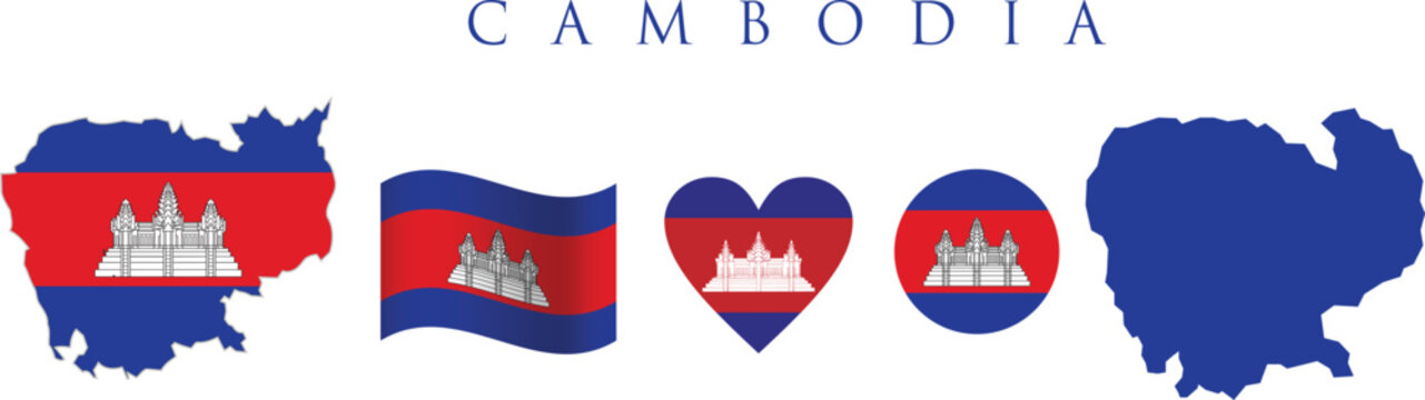 Cambodia flag and map set. Cambodia flag in official colours and proportions. independence day 9 November, map, circle ,wavy and heart shaped cambodia