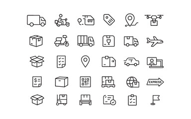 Modern Logistics & Delivery Line Icons - Barcode, Warehouse, Drone, Truck, Tracking