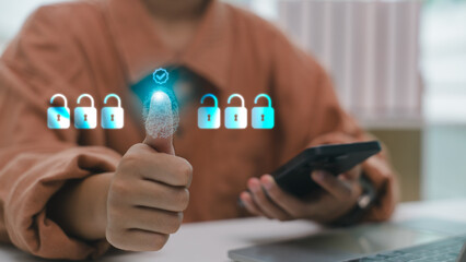 Close-up of a person using biometric fingerprint authentication for secure access, holding a smartphone. Concept of digital identity, cyber security, and data protection.