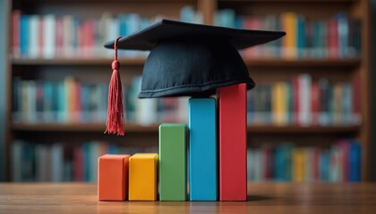 Graduation cap atop colorful ascending bar graph academic success, educational concepts. Bookshelves in background suggest university library setting. Represents investment in higher education,