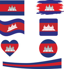 Set of Cambodia flag icons. A set of flags in square, rectangular, round and heart shapes. Flag icons.