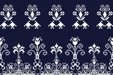 Elegant Monochrome Traditional Thai or Southeast Asian Textile Pattern with Stylized Floral Motifs on Deep Indigo