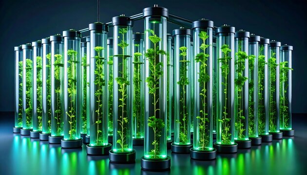 Array of vertical glass tubes, each containing a vibrant green plant, illuminated from below, set against a dark background