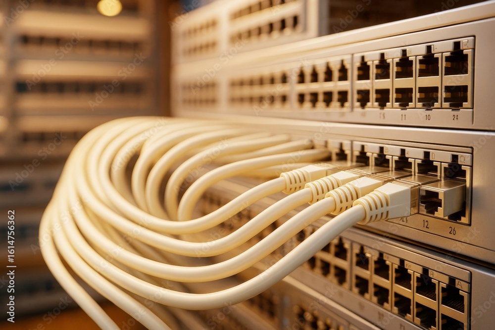 Poster close-up of ethernet cables connected to network switches in a data center environment with soft war