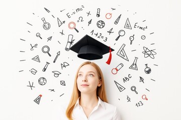 Thoughtful student with graduation cap surrounded by hand-drawn science and education icons on white background in a creative concept illustration.