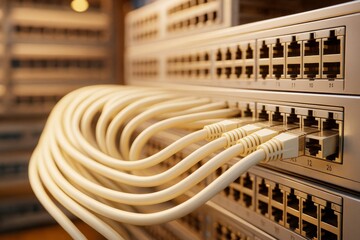 Close-up of Ethernet cables connected to network switches in a data center environment with soft warm light and shallow depth of field concept background.
