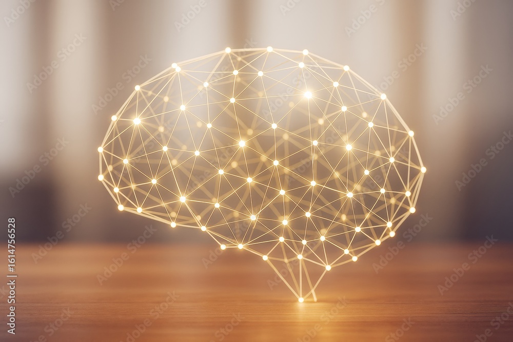 Wall mural glowing digital brain structure made of connected golden light points on a wooden surface with soft 