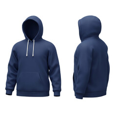 A casual navy blue hooded sweatshirt displayed in two different perspectives showcasing the garment's design and texture for apparel.