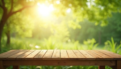 Sunlit wooden table offers natural green setting with leafy trees, bright sunshine. Rustic patio furniture provides comfortable outdoor workspace dining ambiance. Features earthy woodcraft detail for
