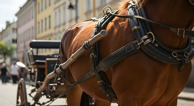 Close-up of a brown horse harnessed to a traditional carriage for tourist rides in a historic European city street. - Powered by Adobe