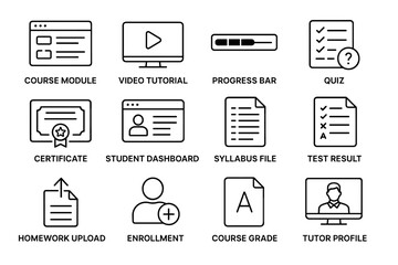 Online learning icons: course module, video tutorial, progress bar, quiz, certificate