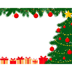 Christmas Tree with Red decorations and Gifts. Holiday concept on White background with copy-space. Generative AI. 