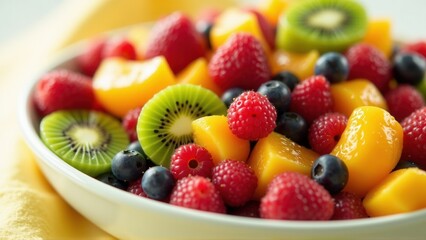 Obraz premium A vibrant fruit salad of kiwi, raspberries, blueberries and peaches in a white ceramic bowl.