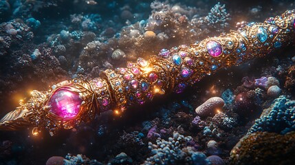 Ornate gold scepter encrusted with dazzling jewels resting amidst vibrant coral reef in photo