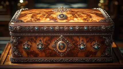 Ornate wooden jewelry box displaying intricate antique craftsmanship and luxurious gemstones inside a photo.