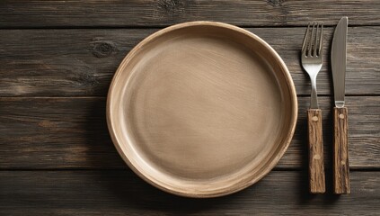 Empty beige plate on a dark wooden table with cutlery