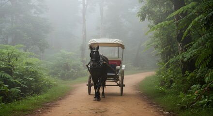 A lone horse-drawn carriage emerges from the dense morning fog on a mysterious, winding forest road.