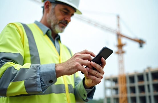 Mature engineer in yellow safety vest, white helmet uses smartphone on construction site. Construction worker browses social media on mobile phone during break. Technology, communication, job