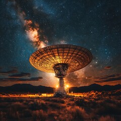 Nighttime photo of a large radio telescope silhouetted against the milky way galaxy