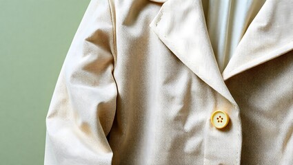 Close up of a light beige blazer with a yellow button against a light green background