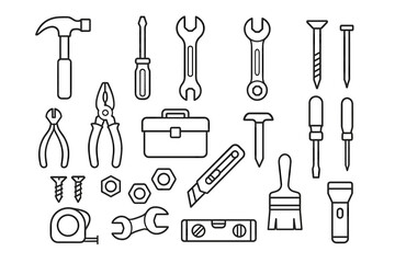 Collection of various outline tools including hammer, screws, and toolbox