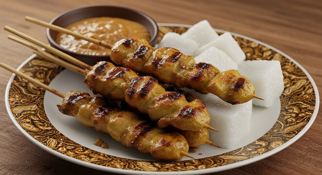 Delicious grilled chicken satay skewers with savory peanut sauce and rice cakes, a traditional Asian dish.