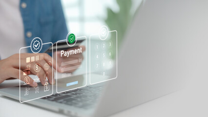 User interacting with secure digital payment interface on laptop. Concept of online transaction, fintech platform, financial technology, e-wallet, card payment, and cybersecurity solution.