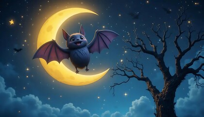 Obraz premium A cute cartoon bat hanging upside down from a bright yellow crescent moon, surrounded by sparkling stars in a deep blue night sky